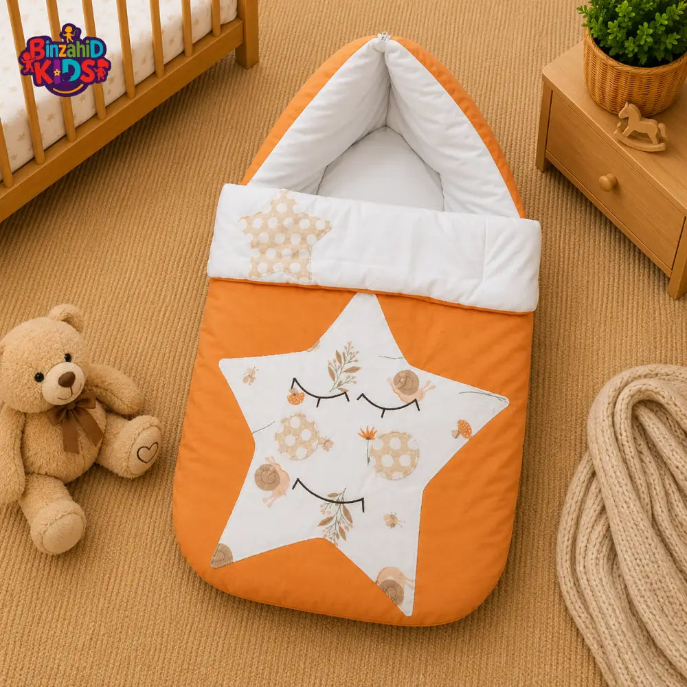 PREMIUM BABY HOODED SLEEPING BAG – FLORAL STAR PATCHWORK DESIGN (ORANGE & WHITE)