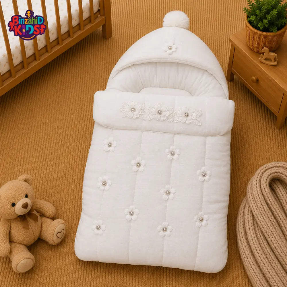 PREMIUM BABY HOODED SLEEPING BAG – PEARL FLORAL LUXURY DESIGN (IVORY WHITE)