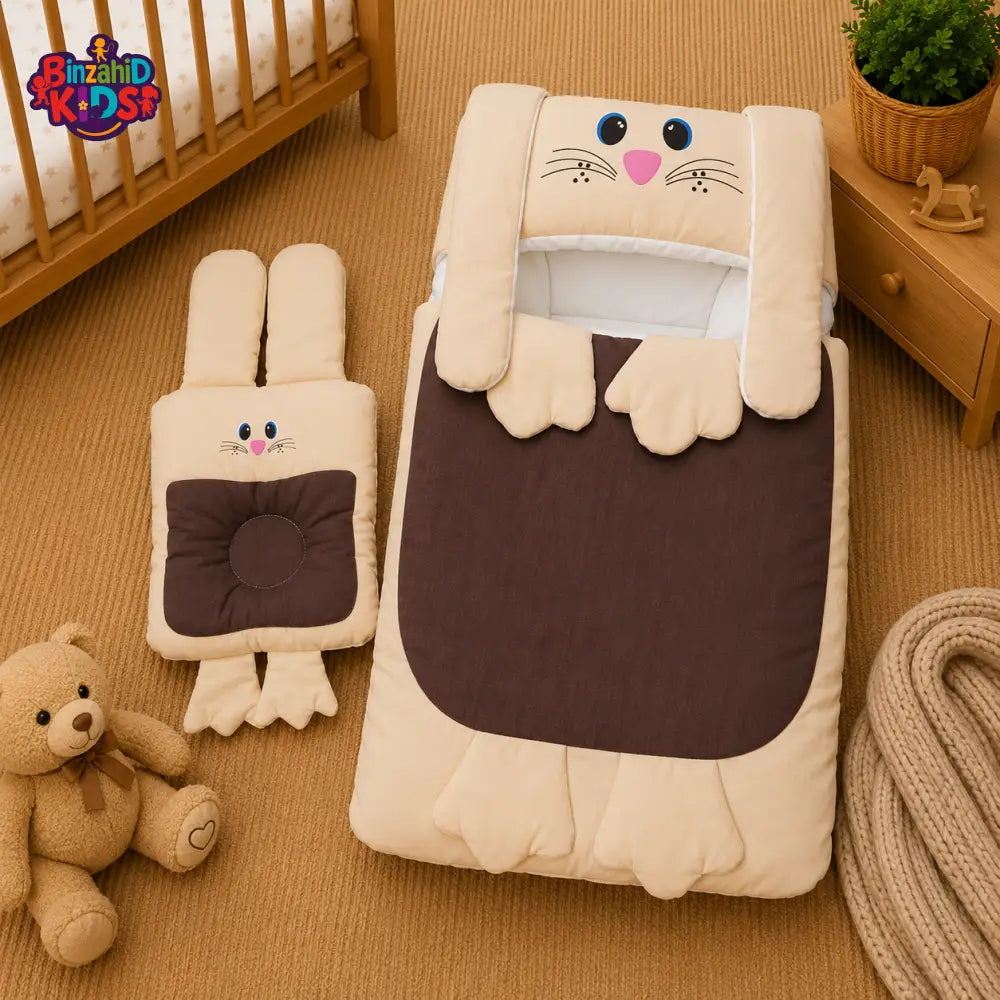 PREMIUM BABY HOODED SLEEPING BAG SET – CUTE BUNNY DESIGN (BEIGE & BROWN)