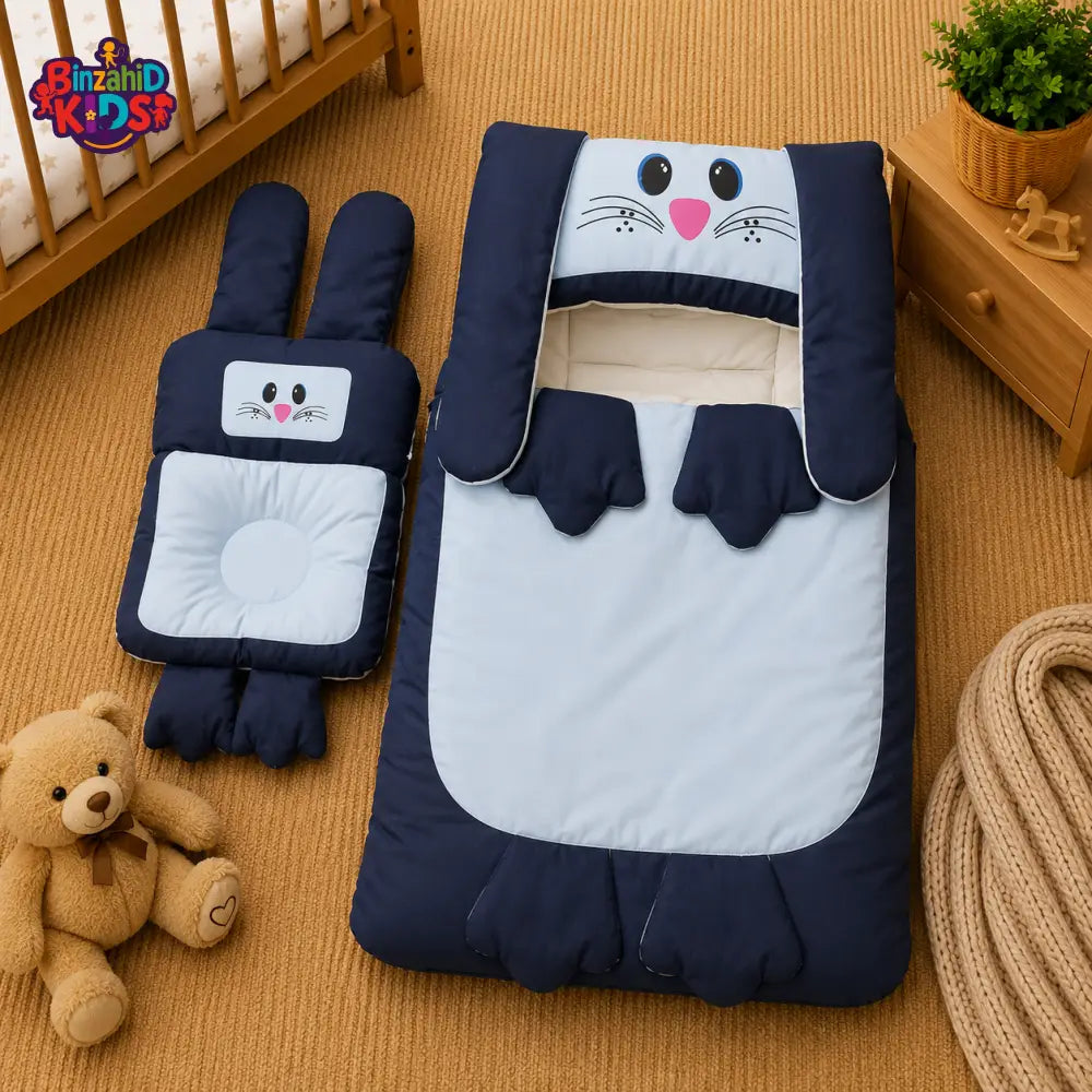 PREMIUM BABY HOODED SLEEPING BAG SET – CUTE BUNNY DESIGN (NAVY BLUE & WHITE)