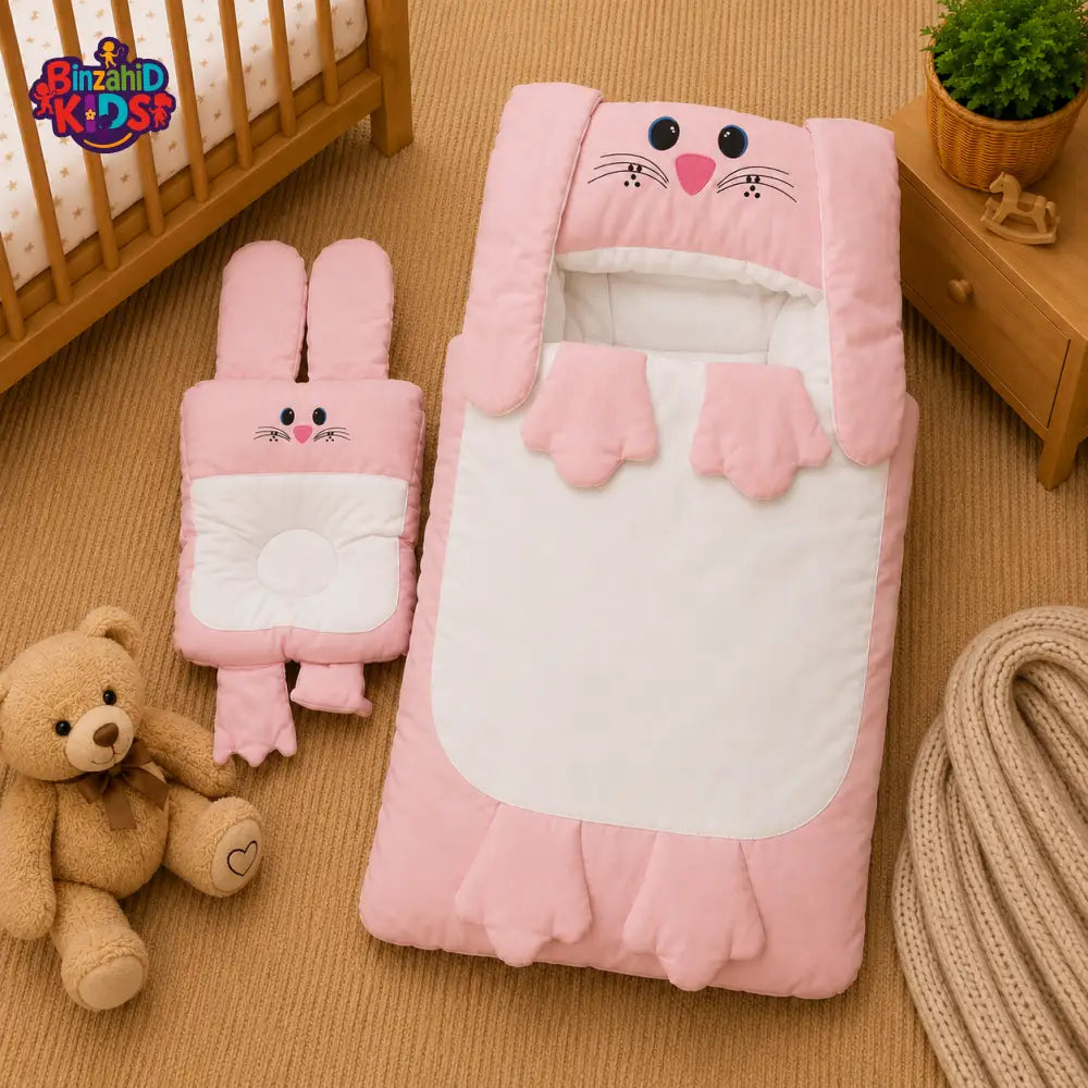 PREMIUM BABY HOODED SLEEPING BAG SET – CUTE BUNNY DESIGN (PINK & WHITE)