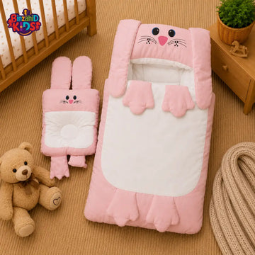 PREMIUM BABY HOODED SLEEPING BAG SET – CUTE BUNNY DESIGN (PINK & WHITE)