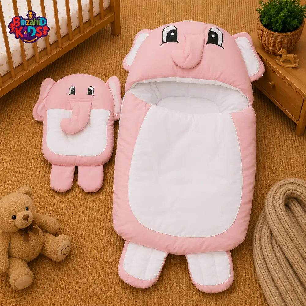 PREMIUM BABY HOODED SLEEPING BAG SET – CUTE ELEPHANT DESIGN (PINK & WHITE)