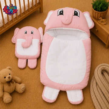 PREMIUM BABY HOODED SLEEPING BAG SET – CUTE ELEPHANT DESIGN (PINK & WHITE)