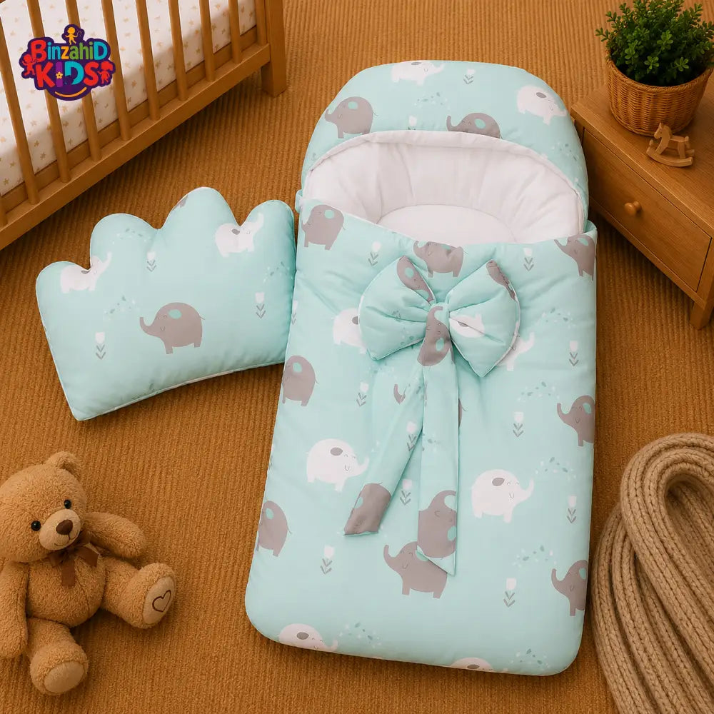 PREMIUM BABY HOODED SLEEPING BAG SET – ELEPHANT PRINT BOW DESIGN (MINT GREEN)