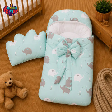 PREMIUM BABY HOODED SLEEPING BAG SET – ELEPHANT PRINT BOW DESIGN (MINT GREEN)