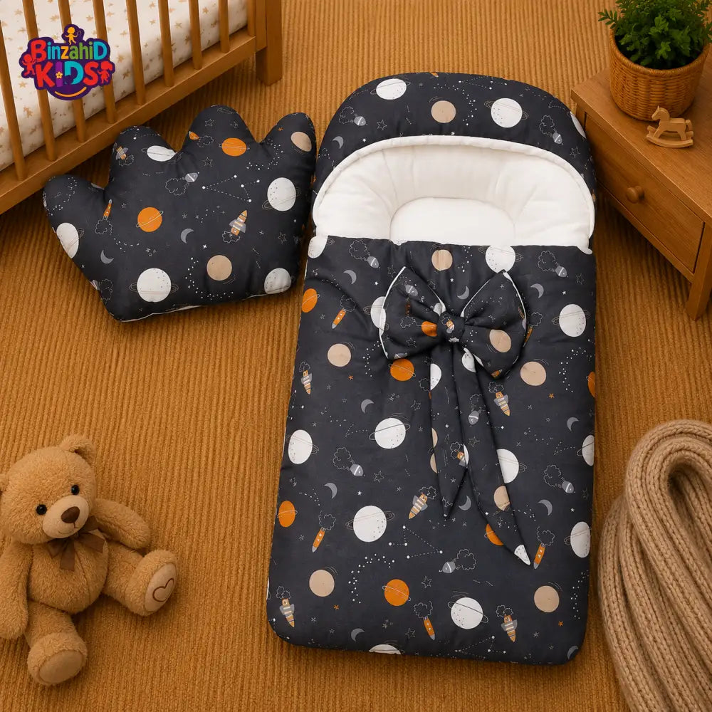 PREMIUM BABY HOODED SLEEPING BAG SET – SPACE ADVENTURE PRINT DESIGN (CHARCOAL GREY)