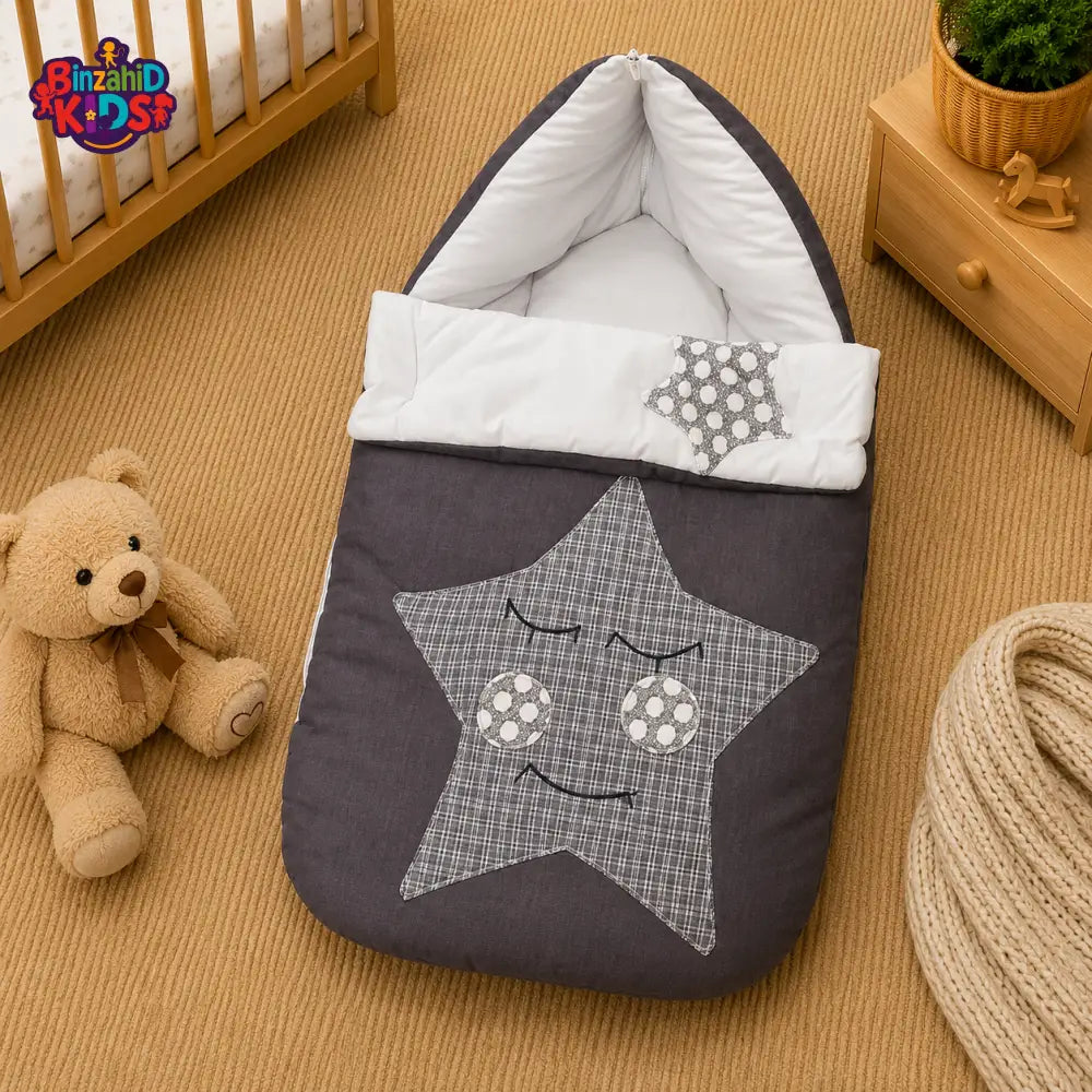 PREMIUM BABY HOODED SLEEPING BAG – STAR PATCHWORK DESIGN (GREY & WHITE)