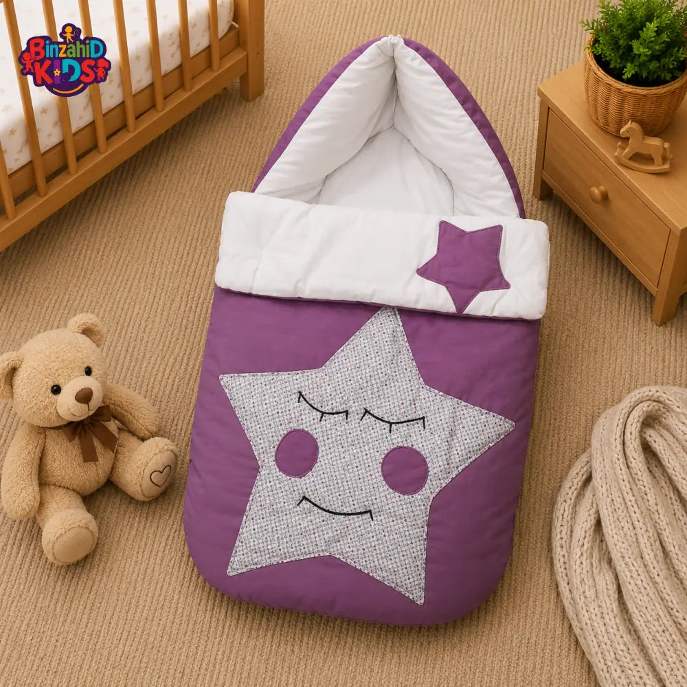 PREMIUM BABY HOODED SLEEPING BAG – STAR PATCHWORK DESIGN (LAVENDER & WHITE)