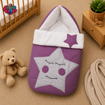 PREMIUM BABY HOODED SLEEPING BAG – STAR PATCHWORK DESIGN (LAVENDER & WHITE)
