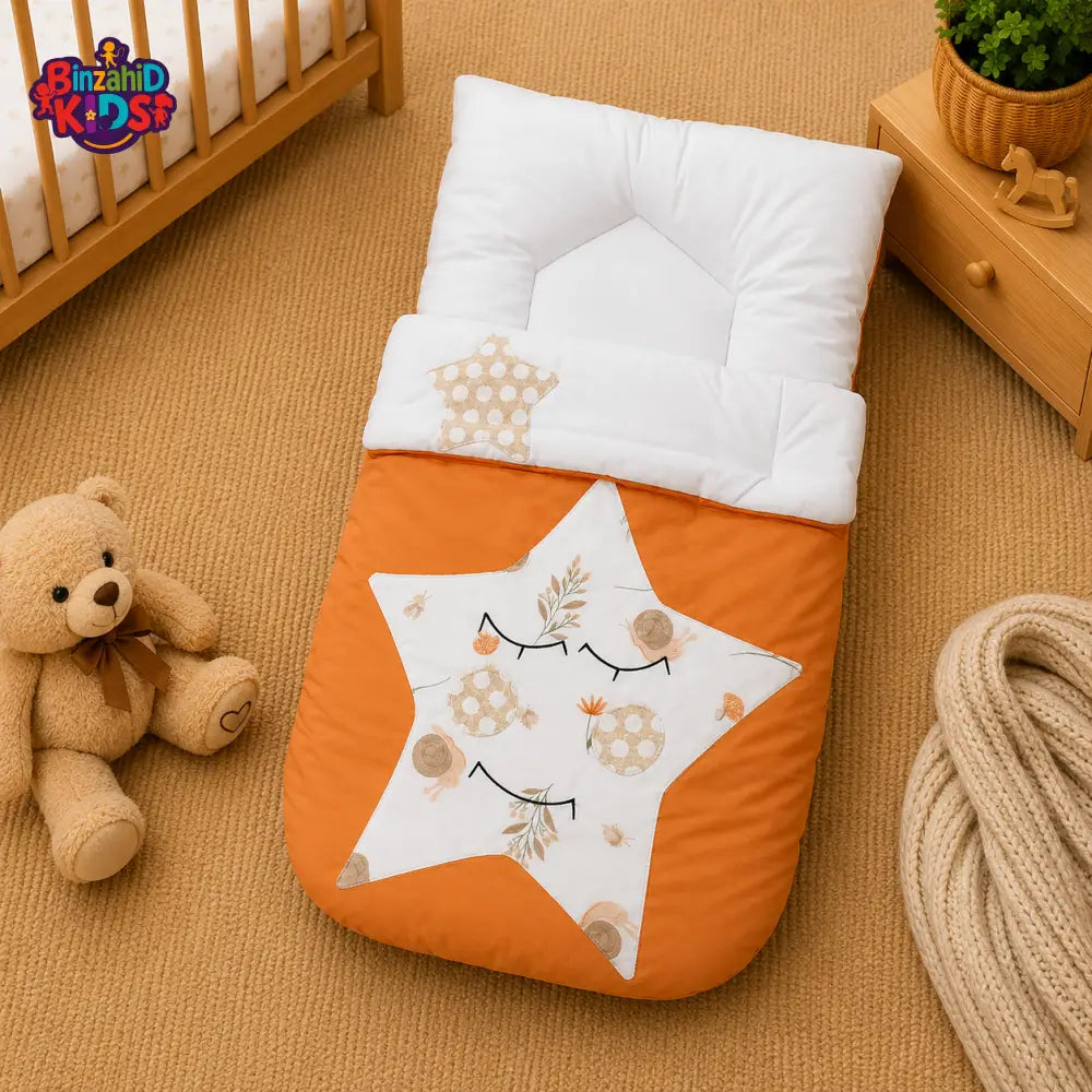 PREMIUM BABY HOODED SLEEPING BAG – STAR PATCHWORK DESIGN (ORANGE & WHITE)