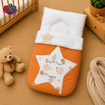 PREMIUM BABY HOODED SLEEPING BAG – STAR PATCHWORK DESIGN (ORANGE & WHITE)