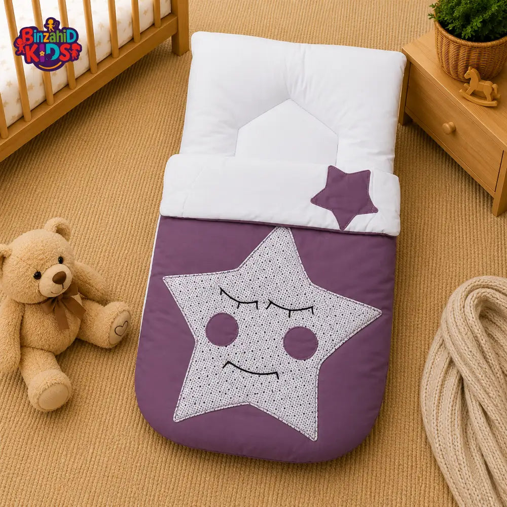 PREMIUM BABY HOODED SLEEPING BAG – STAR PATCHWORK DESIGN (PURPLE & WHITE)