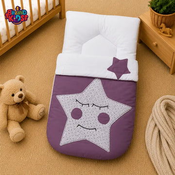 PREMIUM BABY HOODED SLEEPING BAG – STAR PATCHWORK DESIGN (PURPLE & WHITE)