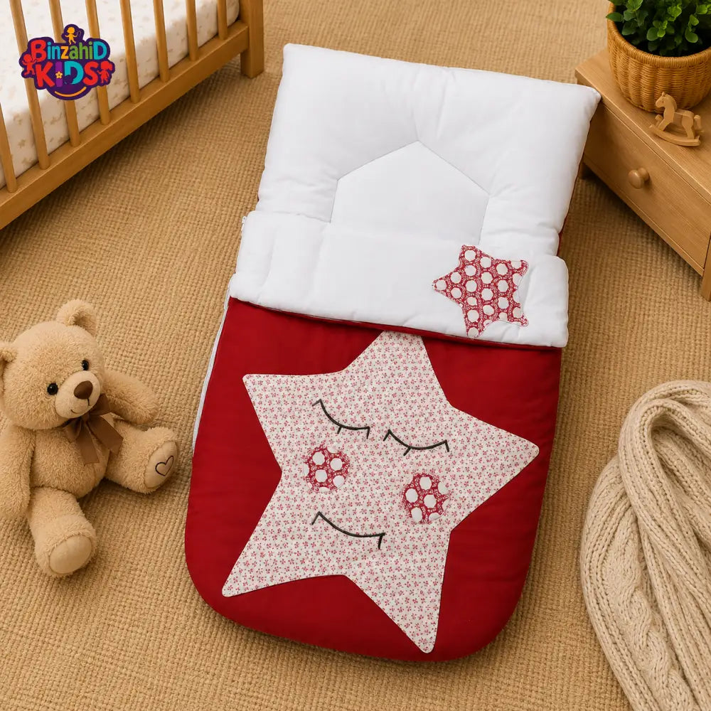 PREMIUM BABY HOODED SLEEPING BAG – STAR PATCHWORK DESIGN (RED & WHITE)