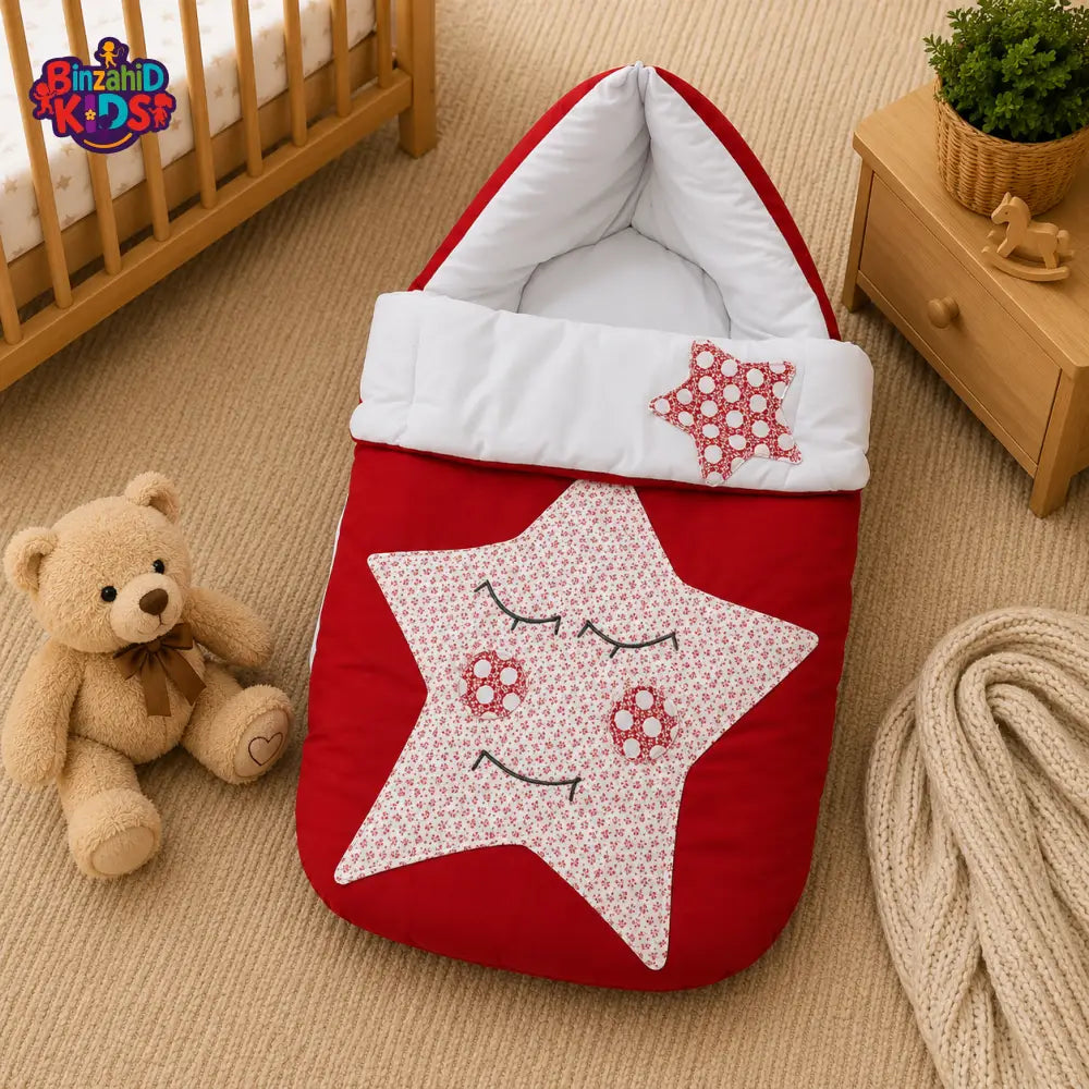 PREMIUM BABY HOODED SLEEPING BAG – STAR PATCHWORK DESIGN (RED & WHITE)