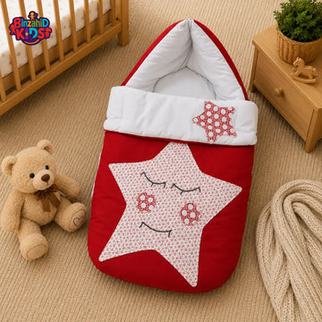 PREMIUM BABY HOODED SLEEPING BAG – STAR PATCHWORK DESIGN (RED & WHITE)