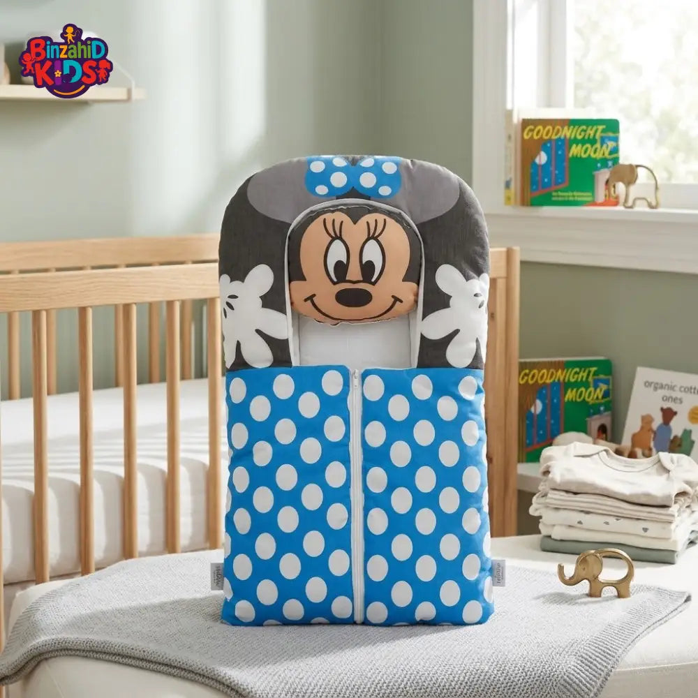 PREMIUM BABY SLEEPING BAG & BEDDING SET – POLKA DOT CARTOON DESIGN (BLUE & GREY)