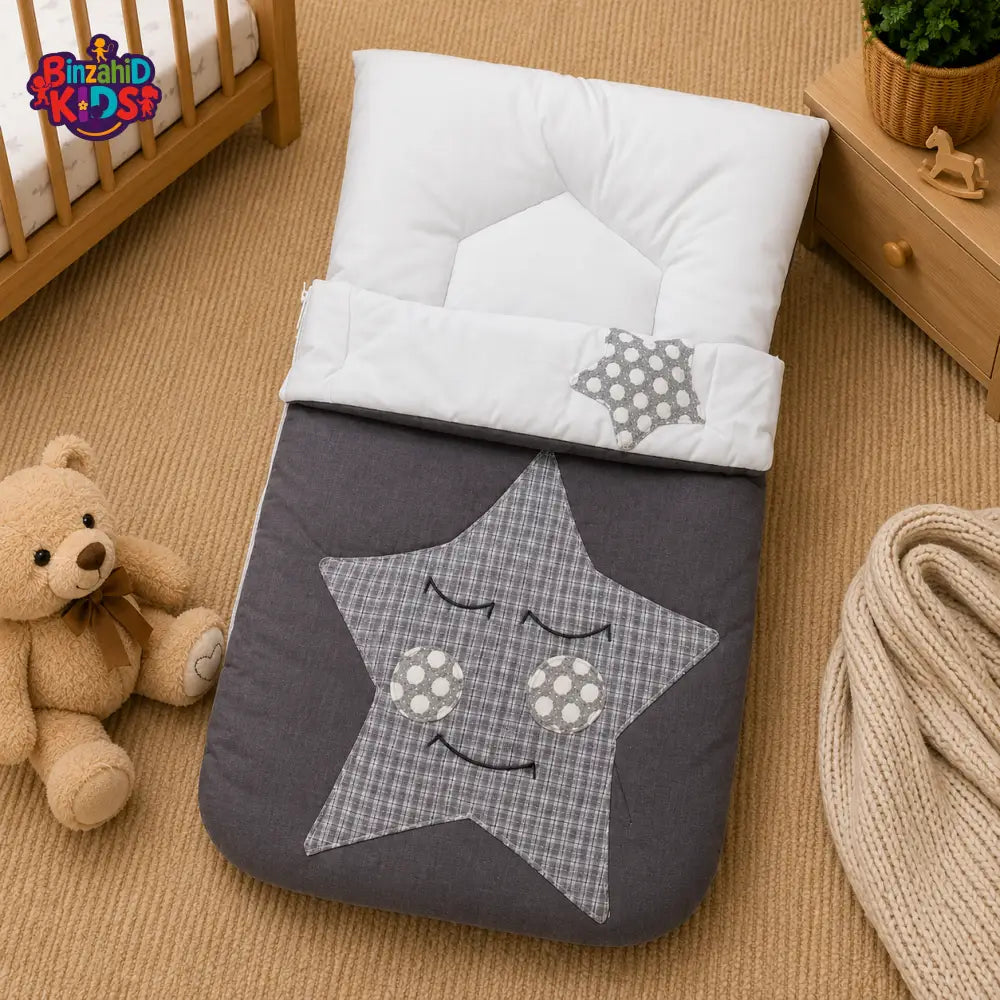 PREMIUM BABY SLEEPING BAG & BEDDING SET – STAR PATCHWORK DESIGN (GREY & WHITE)