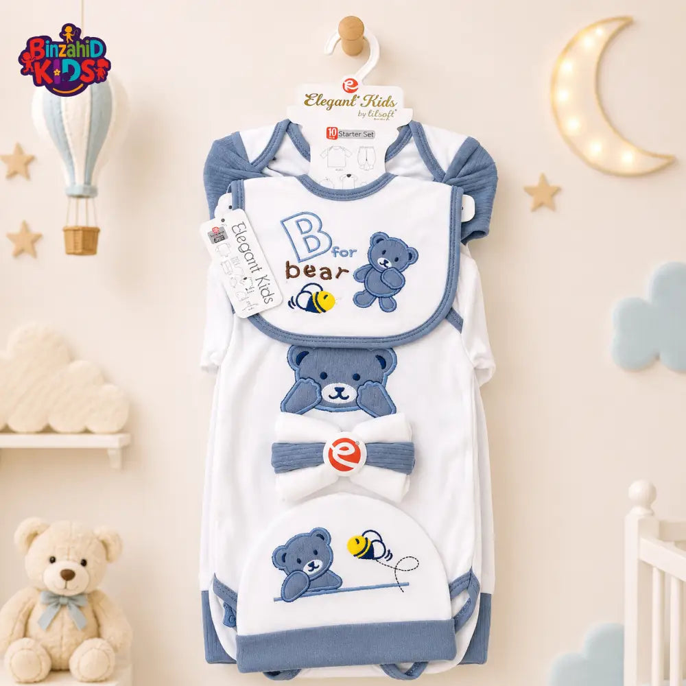 PREMIUM NEWBORN BABY STARTER GIFT SET – B FOR BEAR DESIGN (BABY BLUE & WHITE)