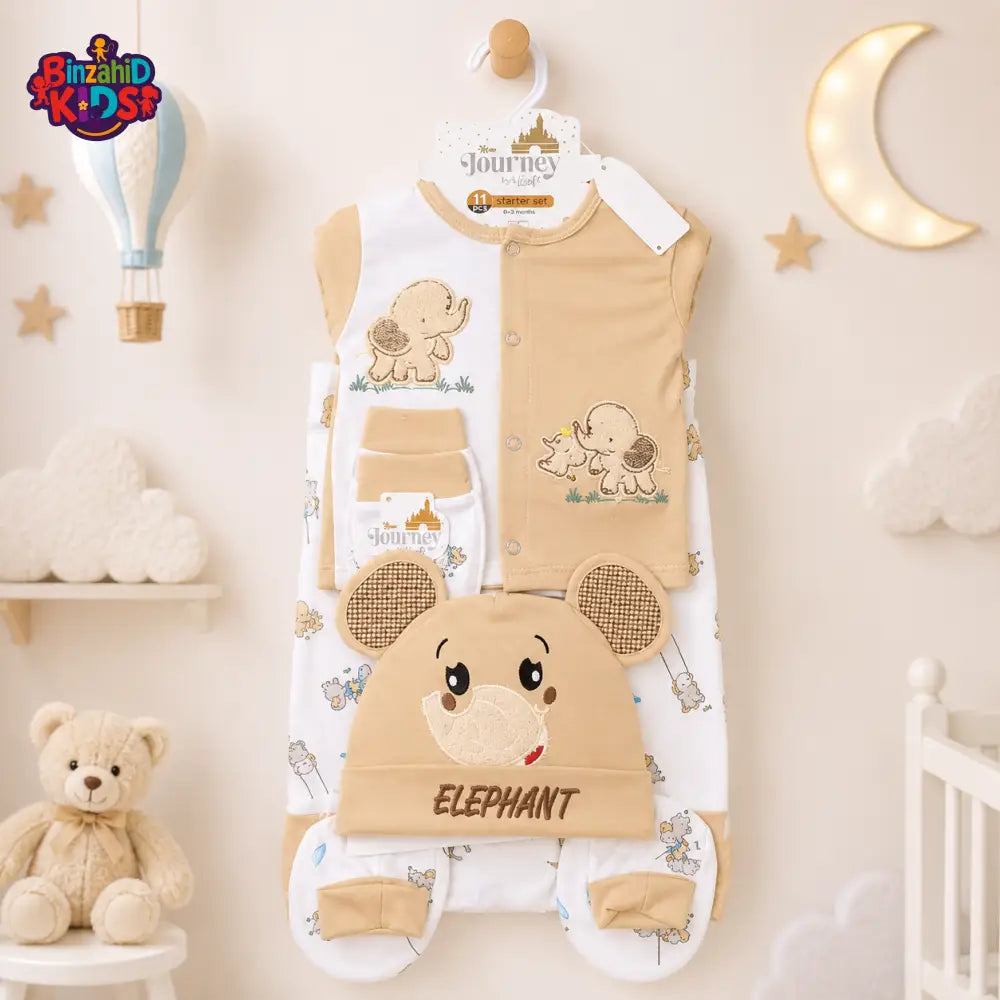PREMIUM NEWBORN BABY STARTER GIFT SET – CUTE ELEPHANT DESIGN (BEIGE & WHITE)