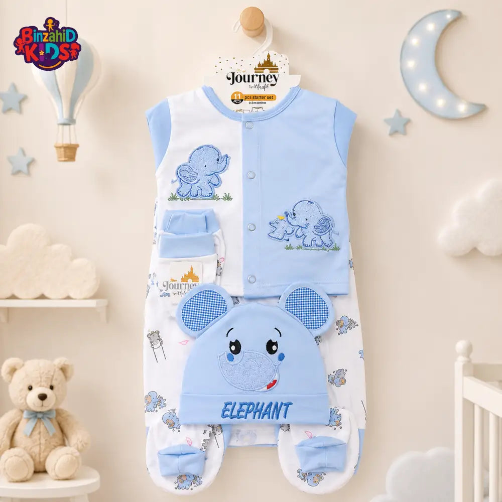 PREMIUM NEWBORN BABY STARTER GIFT SET – CUTE ELEPHANT DESIGN (BABY BLUE & WHITE)