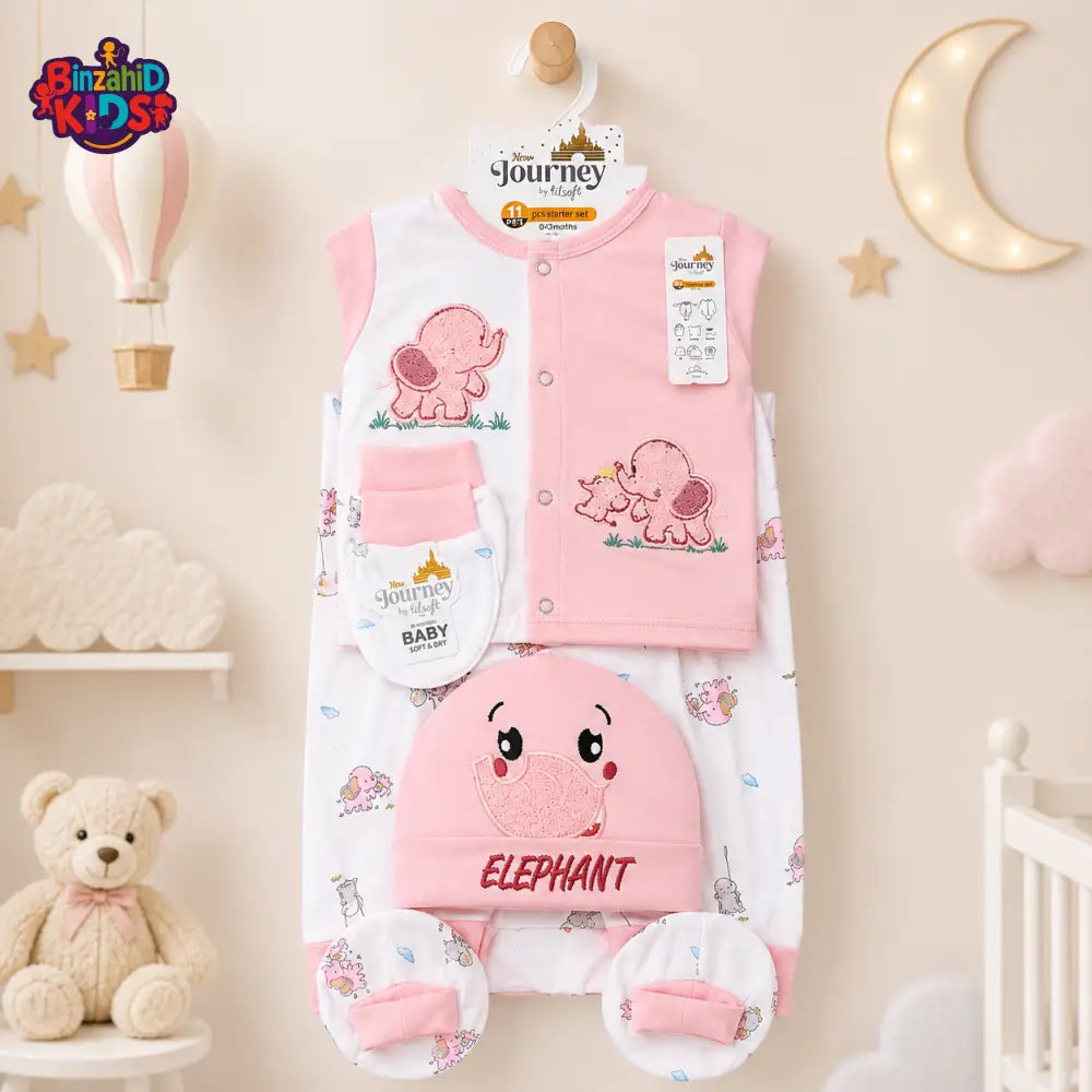 PREMIUM NEWBORN BABY STARTER GIFT SET – CUTE ELEPHANT DESIGN (PINK & WHITE)