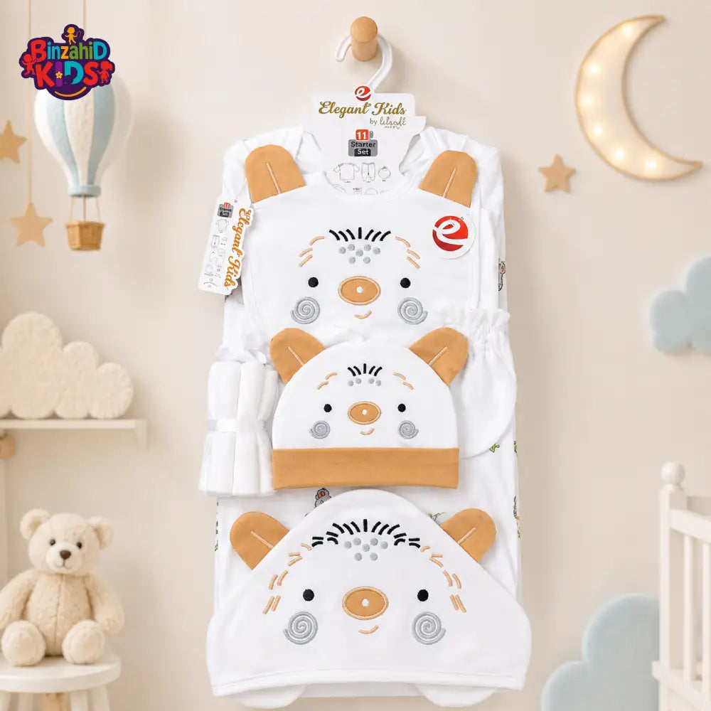 PREMIUM NEWBORN BABY STARTER GIFT SET – CUTE TEDDY BEAR DESIGN (WHITE & BEIGE)