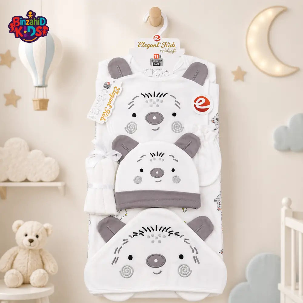 PREMIUM NEWBORN BABY STARTER GIFT SET – CUTE TEDDY BEAR DESIGN (WHITE & GREY)