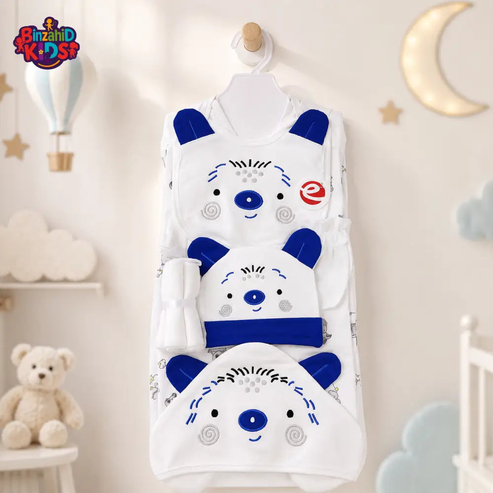 PREMIUM NEWBORN BABY STARTER GIFT SET – CUTE TEDDY BEAR DESIGN (WHITE & ROYAL BLUE)