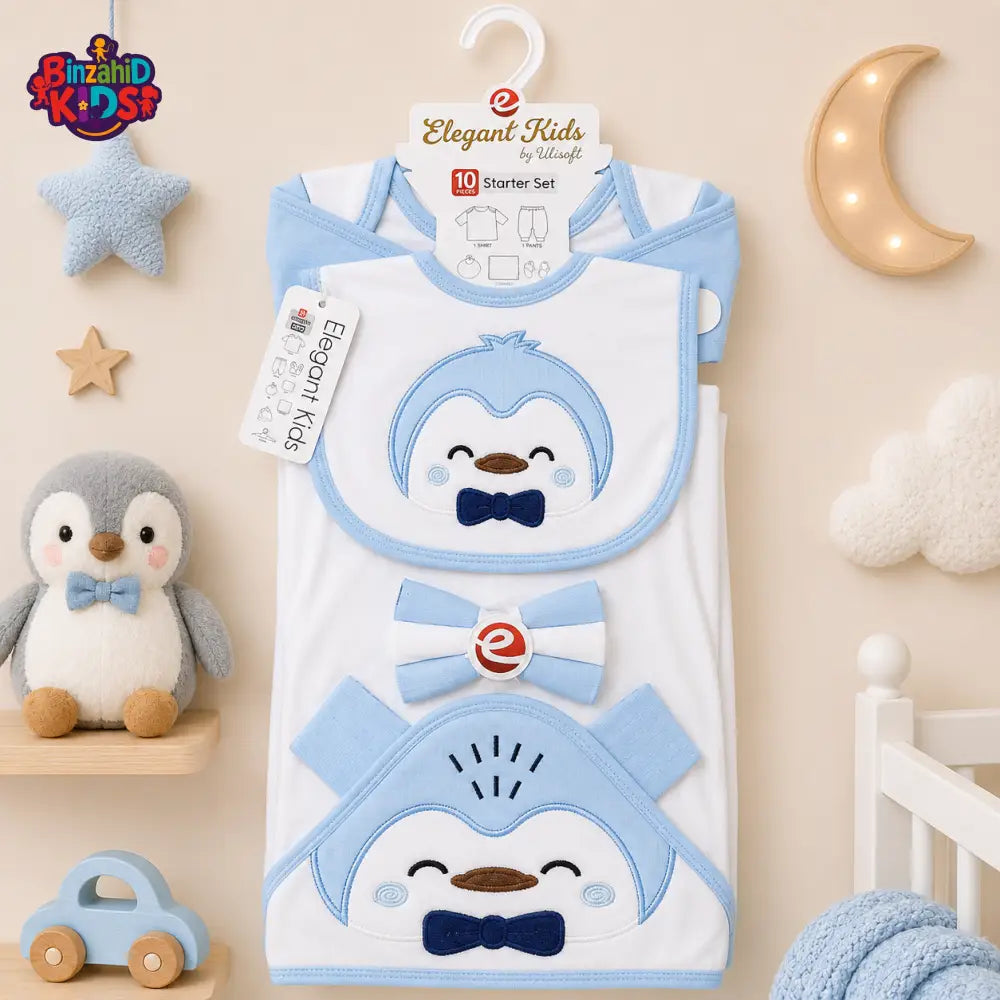 PREMIUM NEWBORN BABY STARTER GIFT SET – GENTLEMAN PENGUIN DESIGN (BABY BLUE & WHITE)