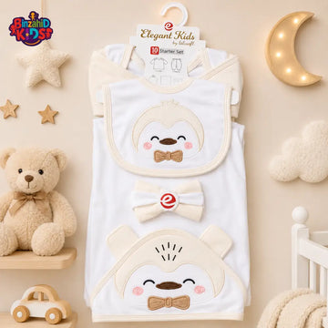 PREMIUM NEWBORN BABY STARTER GIFT SET – GENTLEMAN PENGUIN DESIGN (IVORY & WHITE)
