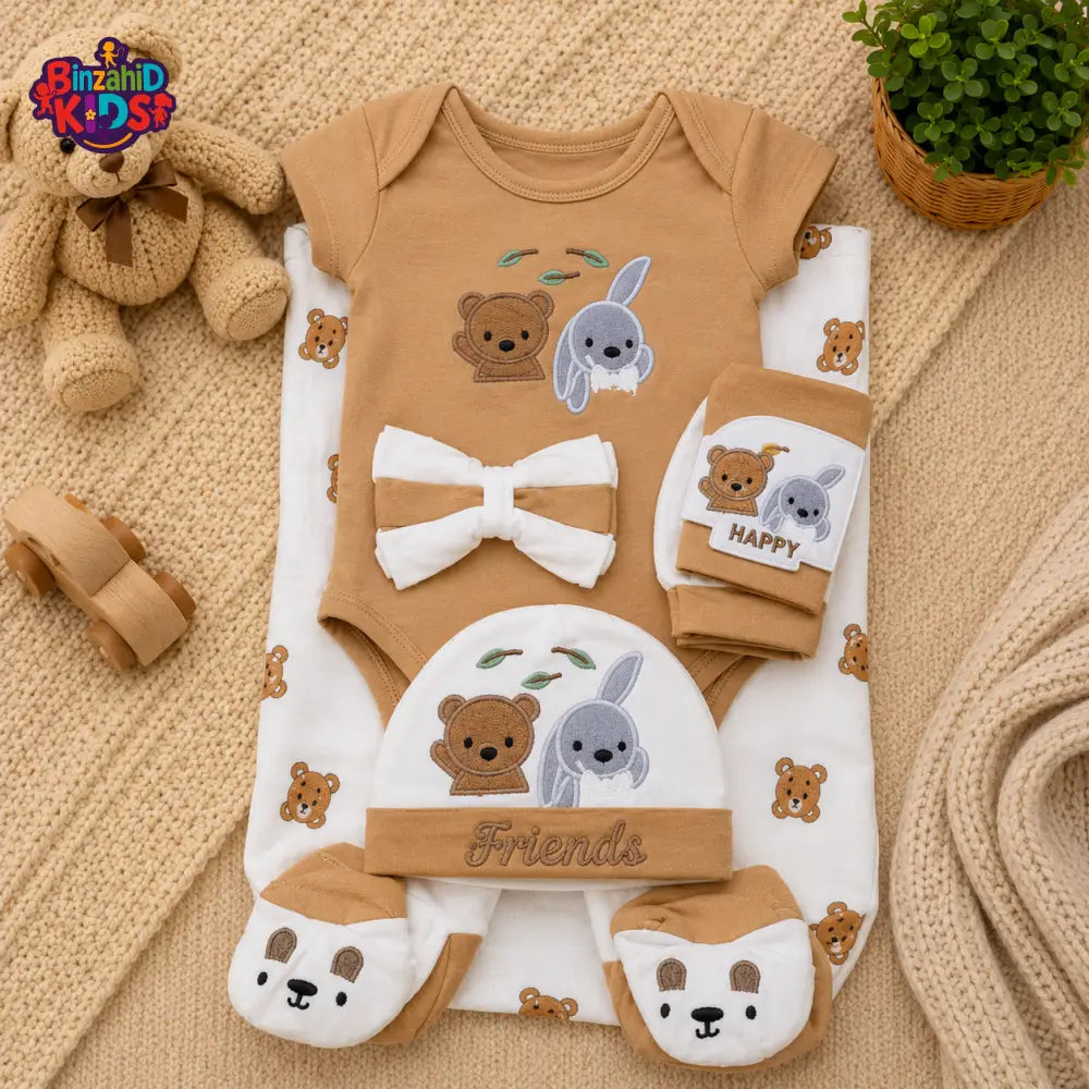 PREMIUM NEWBORN BABY STARTER GIFT SET – TEDDY & BUNNY FRIENDS DESIGN (BEIGE & WHITE)
