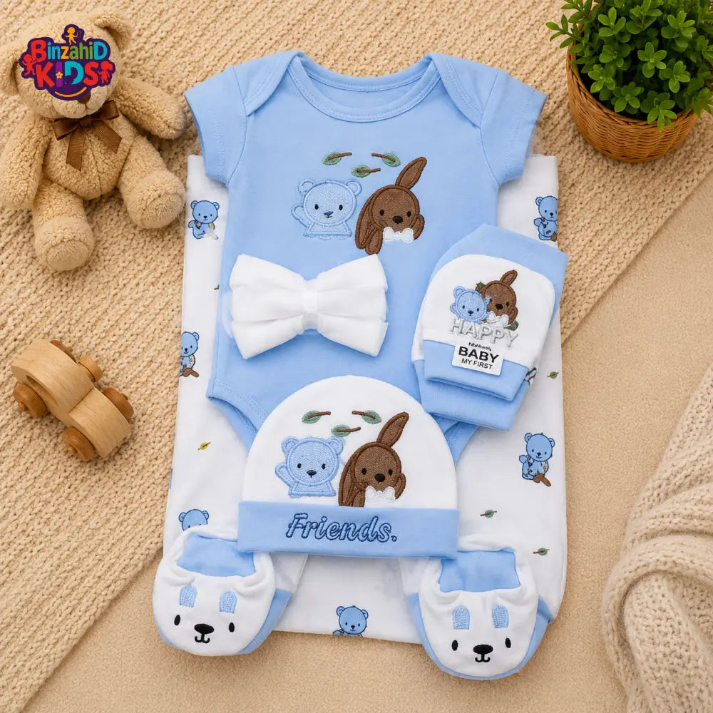 PREMIUM NEWBORN BABY STARTER GIFT SET – TEDDY & BUNNY FRIENDS DESIGN (BABY BLUE & WHITE)