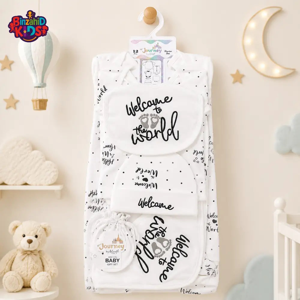 PREMIUM NEWBORN BABY STARTER GIFT SET – WELCOME TO THE WORLD DESIGN (WHITE & BLACK)