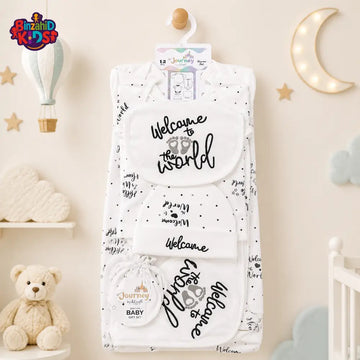PREMIUM NEWBORN BABY STARTER GIFT SET – WELCOME TO THE WORLD DESIGN (WHITE & BLACK)