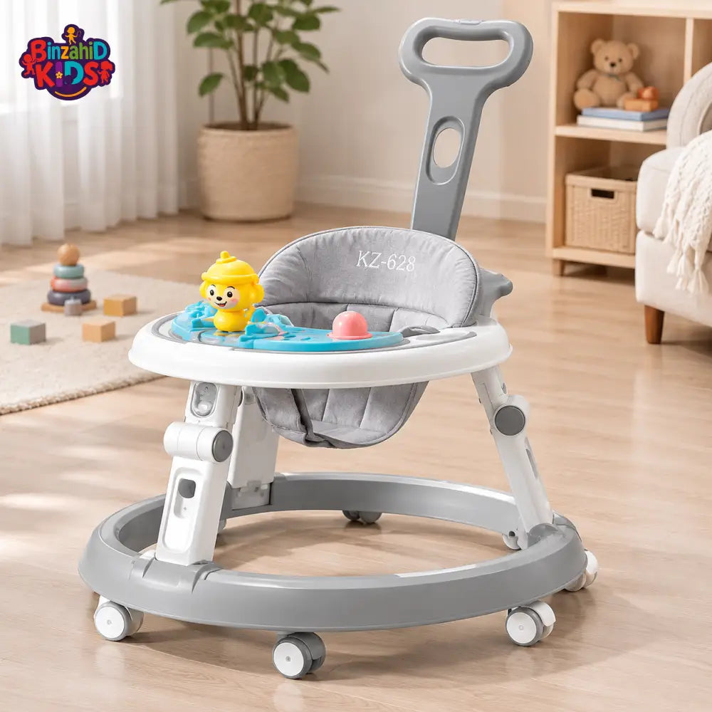 PUSH HANDLE BABY WALKER WITH ACTIVITY TRAY - GREY