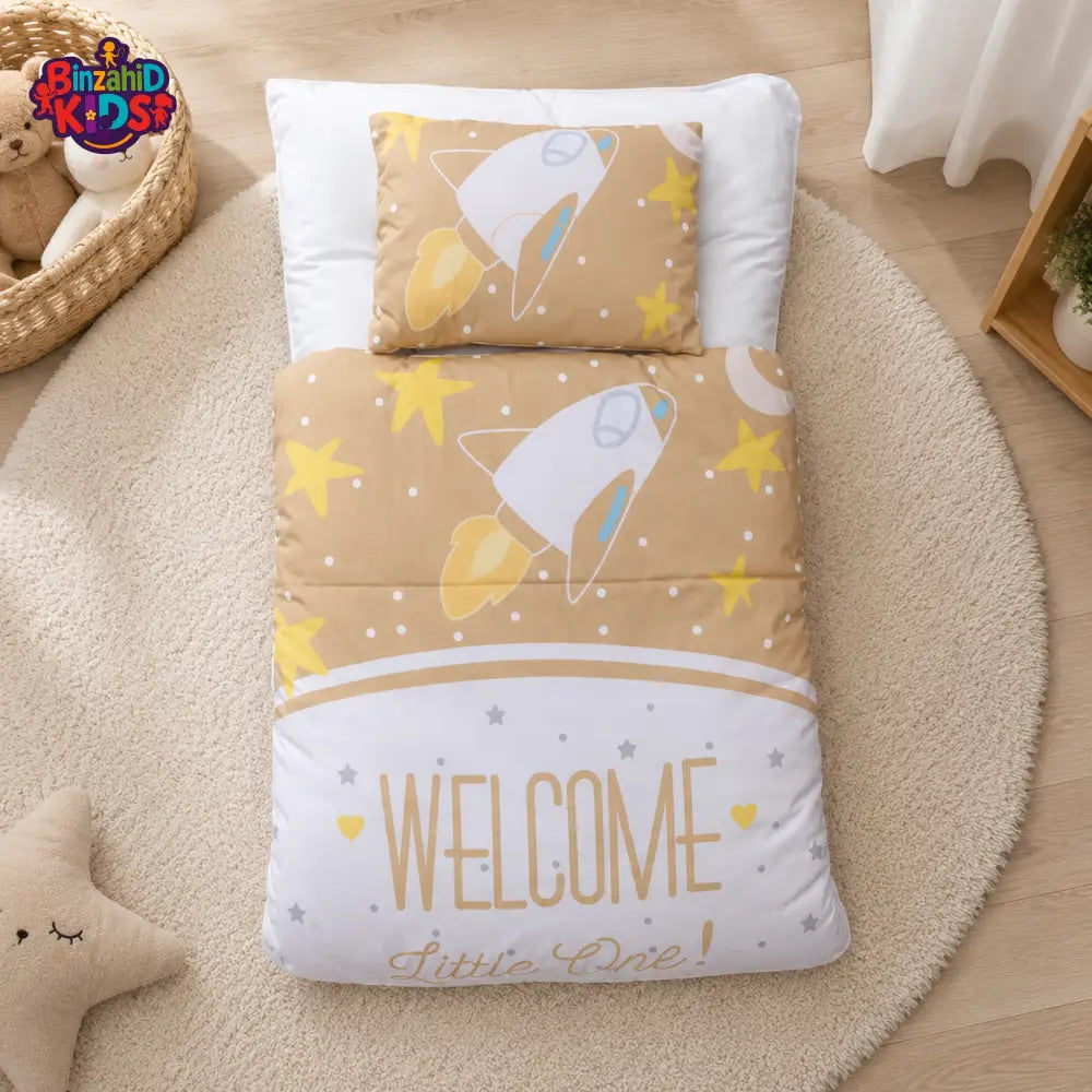 ROCKET SPACE PRINT COTTON POLYESTER BABY BEDDING SET WITH PILLOW - BEIGE