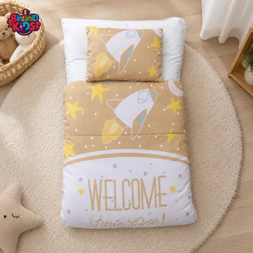 ROCKET SPACE PRINT COTTON POLYESTER BABY BEDDING SET WITH PILLOW - BEIGE
