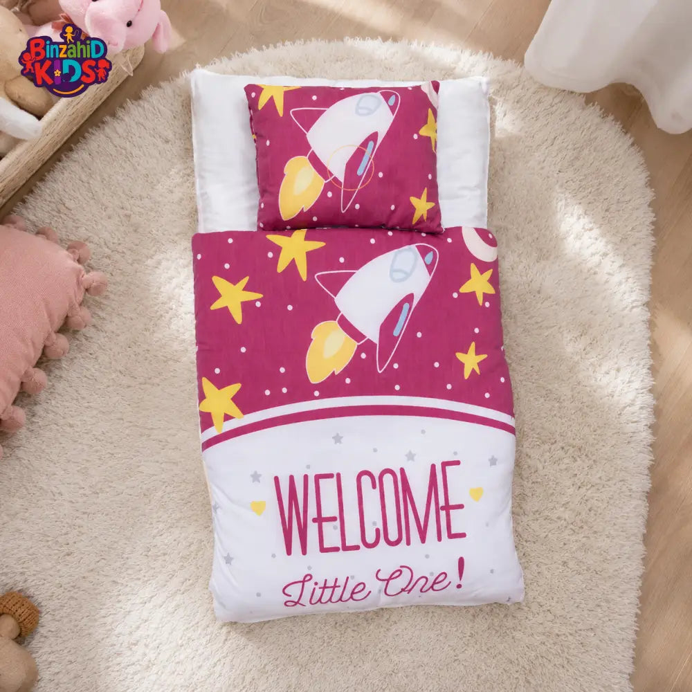 ROCKET SPACE PRINT COTTON POLYESTER BABY BEDDING SET WITH PILLOW - PINK