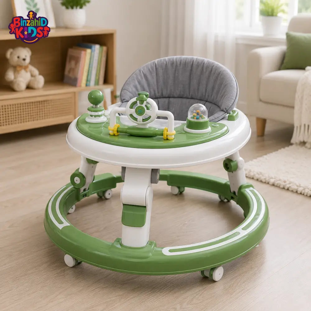 ROUND BABY WALKER WITH ACTIVITY TOYS - GREEN