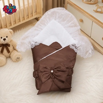 SATIN POLYESTER BABY CARRY NEST WITH LACE CANOPY - BROWN