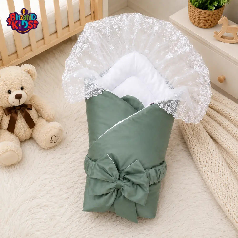 SATIN POLYESTER BABY CARRY NEST WITH LACE CANOPY - GREEN