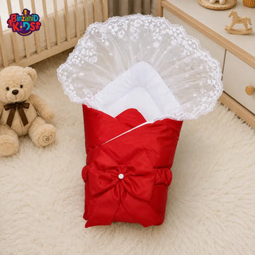 SATIN POLYESTER BABY CARRY NEST WITH LACE CANOPY - RED