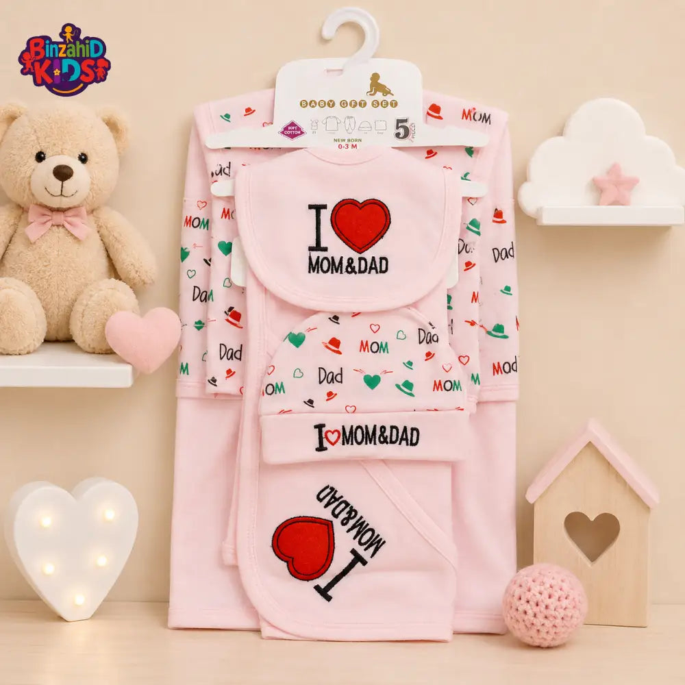 SOPHIE & STEPHIE 5 PCS NEWBORN BABY GIFT SET – I LOVE MOM & DAD DESIGN (PINK)