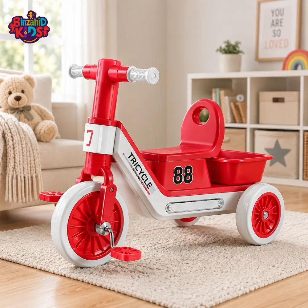 SPORTS STYLE KIDS TRICYCLE WITH STORAGE SEAT - RED
