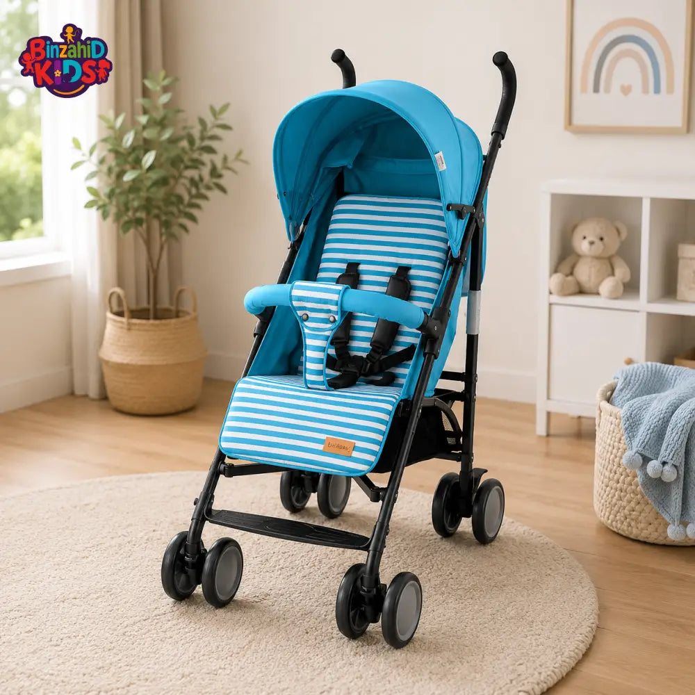 TINNIES BABY BUGGY STROLLER – GREEN STRIPED LIGHTWEIGHT & FOLDABLE BABY PRAM