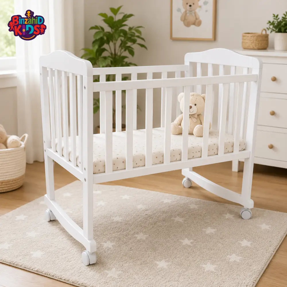 TINNIES BABY WOODEN CRIB – WHITE FINISH WITH ROCKING & WHEELS