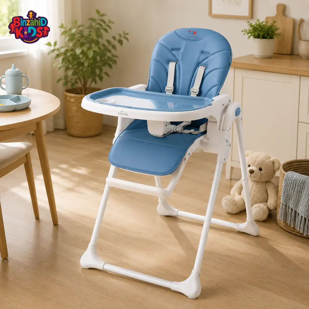 TINNIES PREMIUM BLUE ADJUSTABLE BABY HIGH CHAIR WITH RECLINE HEIGHT CONTROL & SAFETY HARNESS