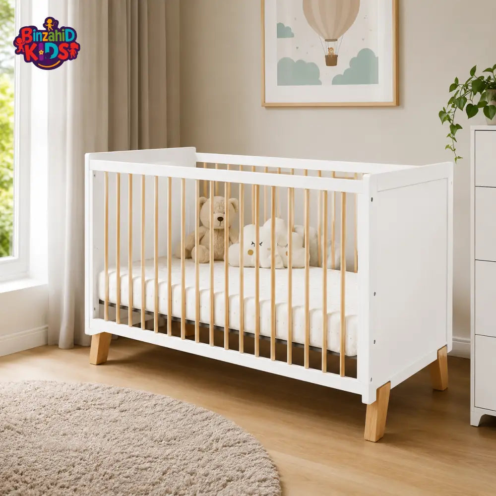 TINNIES WHITE WOODEN BABY COT – 2-IN-1 CONVERTIBLE WITH MOSQUITO NET